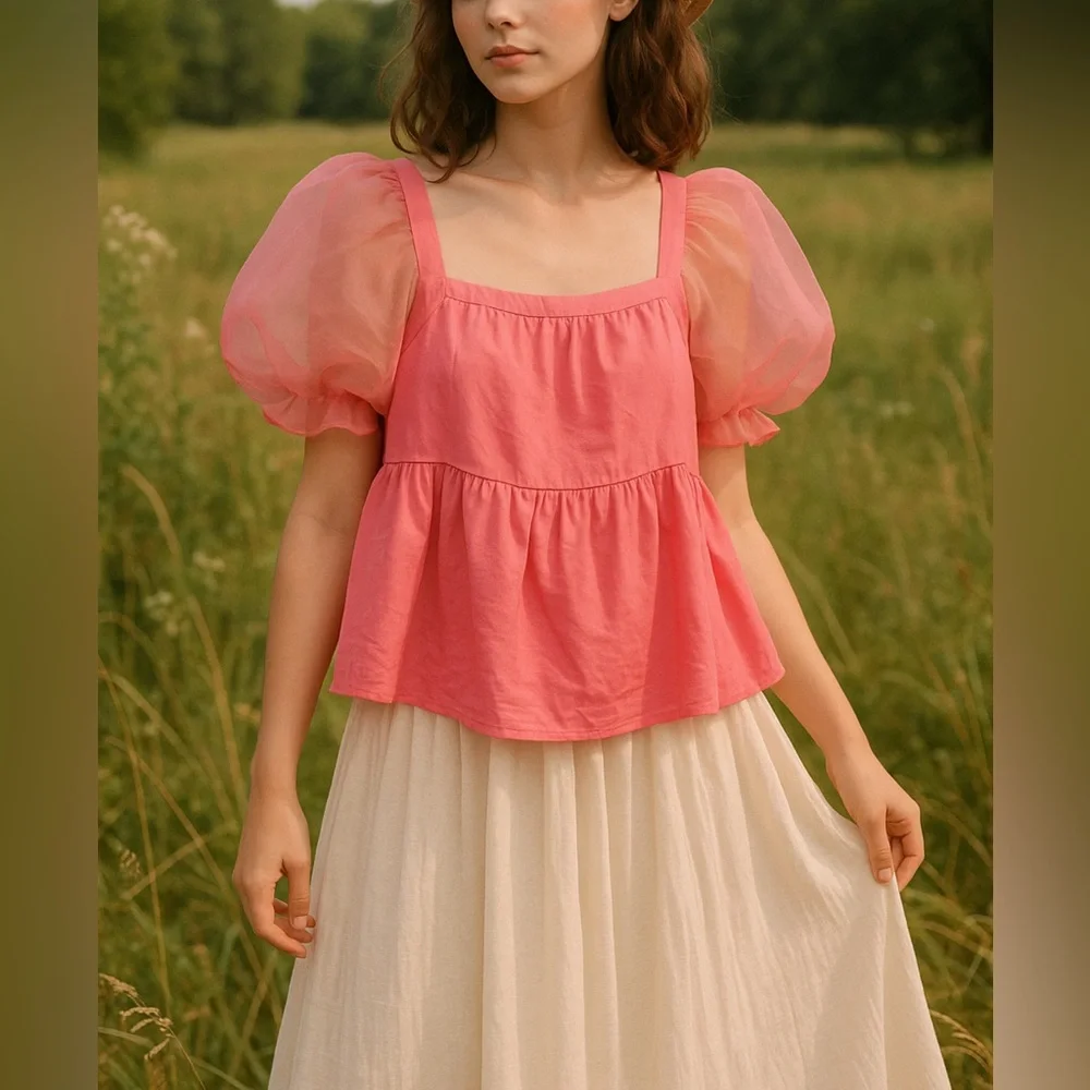 Tuckernuck $128 Pomander Place Tinsley Mesh Puff Sleeve Top in Pink Size Small